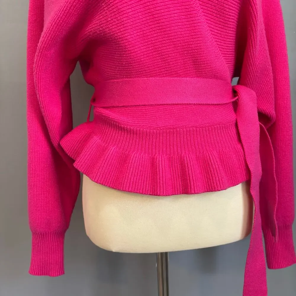 Lulus Hot Pink Barbiecore Wrap Sweater Coquette Ruffle Hem Balletcore Preppy S - Picture 3 of 8
